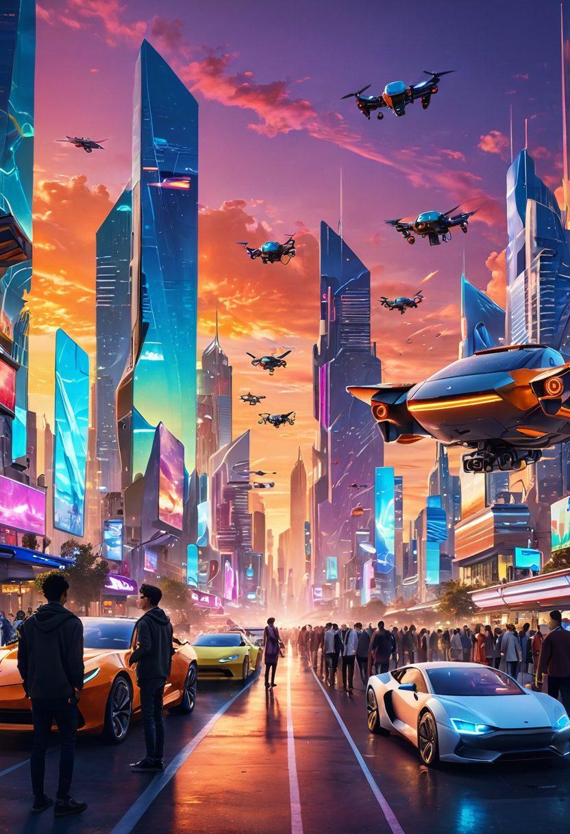 A futuristic city skyline at sunset, showcasing innovative gadgets like flying cars and holographic displays. In the foreground, a diverse group of people is engaging with cutting-edge technology, such as augmented reality glasses and robots. The sky is painted with vibrant colors reflecting creativity and innovation. super-realistic. vibrant colors. atmospheric lighting.