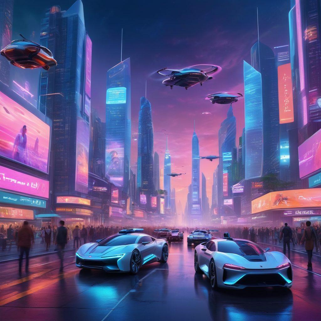 A futuristic city skyline at dusk with flying cars and holographic advertisements. In the foreground, a diverse group of people interact with innovative gadgets and AI devices, exploring technology. The scene is vibrant with neon lights and digital displays, showcasing artificial intelligence and robotics. Incorporate elements like drones and smart buildings to symbolize technological advancement. cyberpunk. vibrant colors. 3D.
