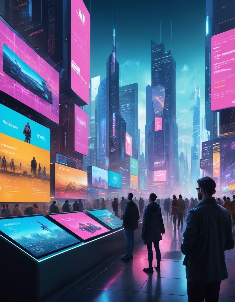 A futuristic tech landscape showcasing a sleek, modern city filled with holographic billboards displaying tech products and reviews. In the foreground, a diverse group of people engaged in discussions with digital tablets showing insights and ratings. Include elements like drones flying and robots assisting customers. The overall vibe should be dynamic and informative. vibrant colors. cyberpunk.